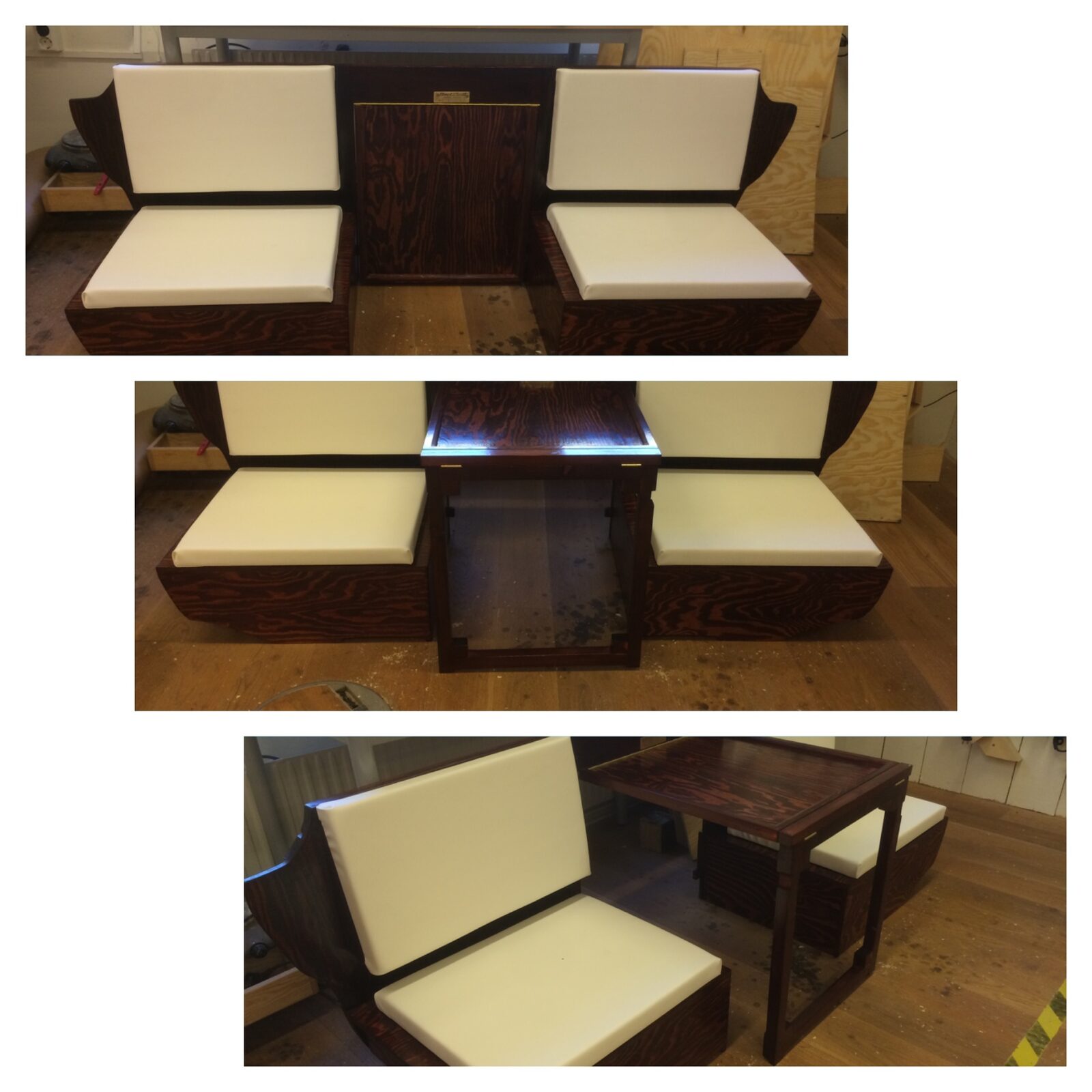 Färdig sittgrupp i mörkt trä med ljusa dynor och integrerat bord