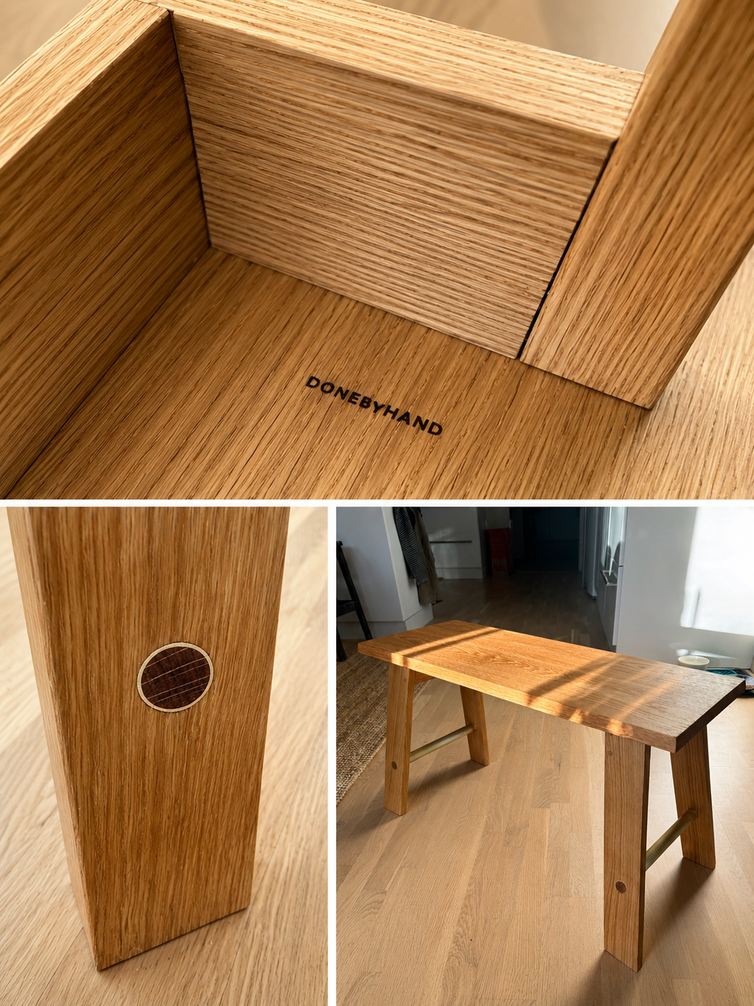 Detaljer av pianopall i massiv ek — brännmärkt DONEBYHAND-signatur, infälld pluggdetalj och pallen i miljö